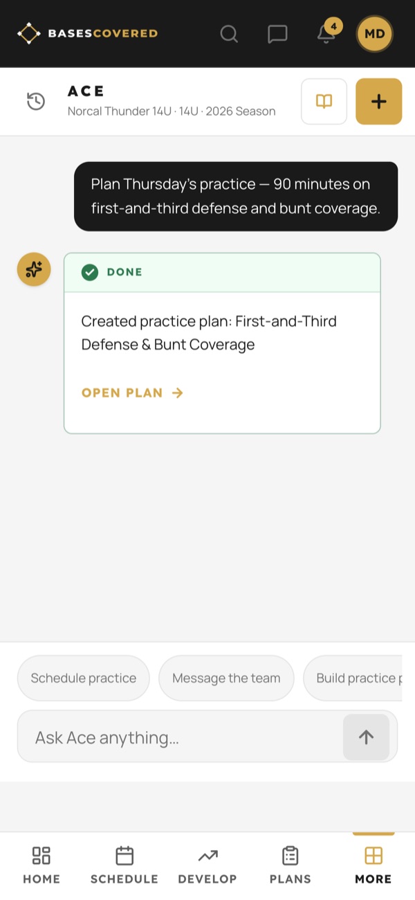 Done: practice plan created, with a link to open it