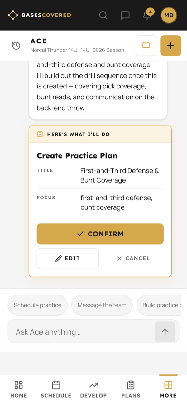 Ace’s preview: create practice plan, with Confirm, Edit and Cancel