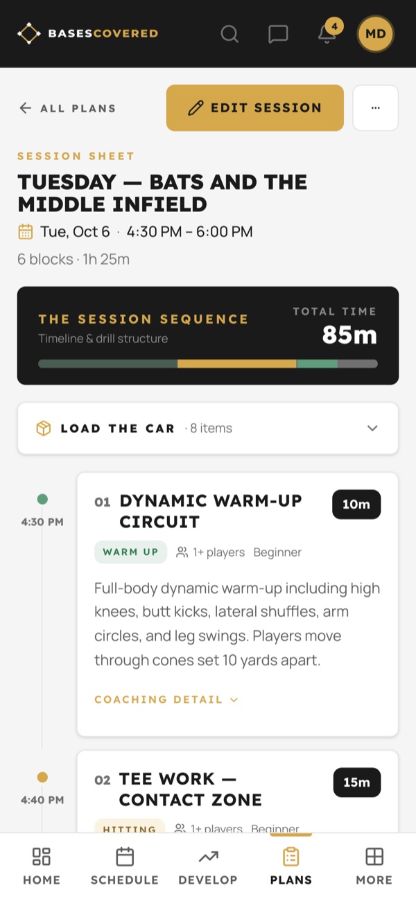 Tuesday's practice plan: six blocks, 85 minutes, timed to the minute