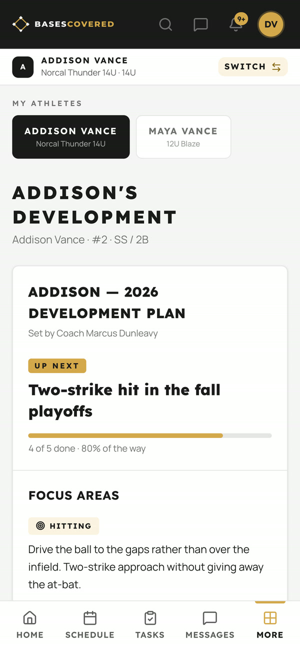 Her development plan on a parent's phone: the next milestone, four of five done