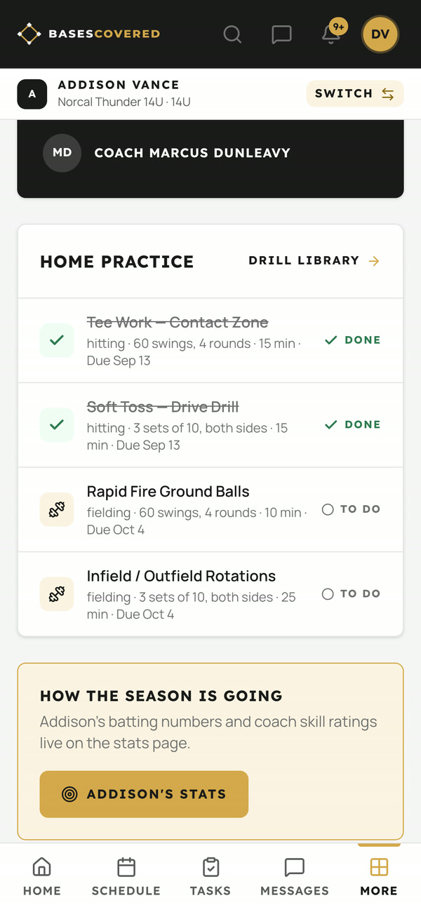 Home practice drills from her coach, marked done or to do