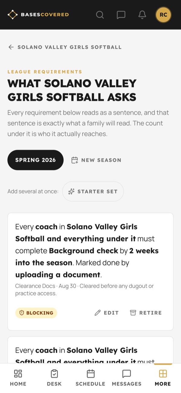 A league requirement that applies to the league and everything under it