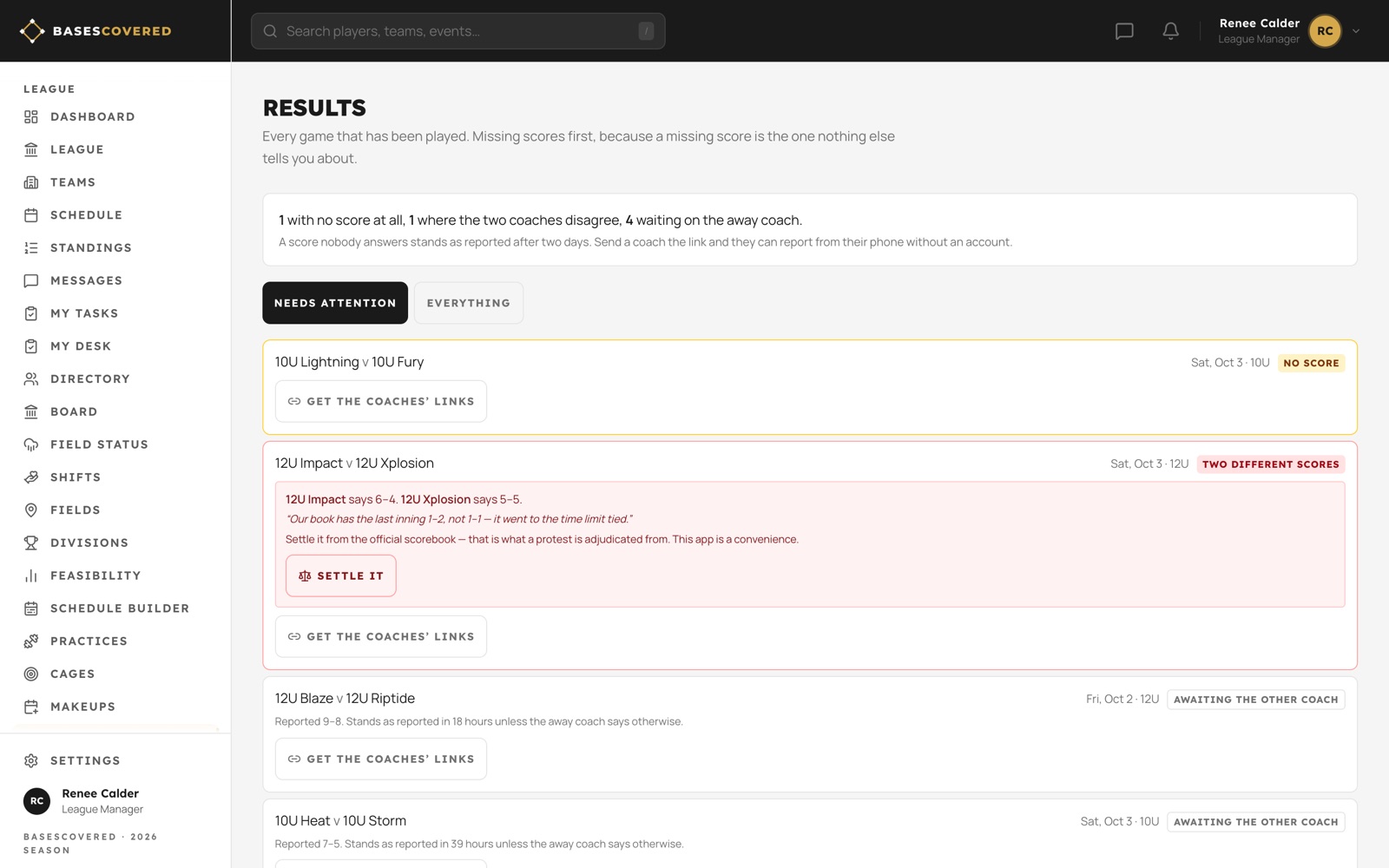 Results queue: a missing score, a game where the two coaches disagree, and games awaiting the away coach