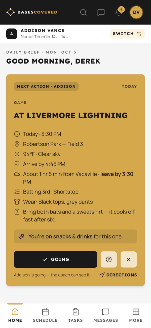 The parent’s morning brief: game at 5:30, leave by 3:30, batting 3rd
