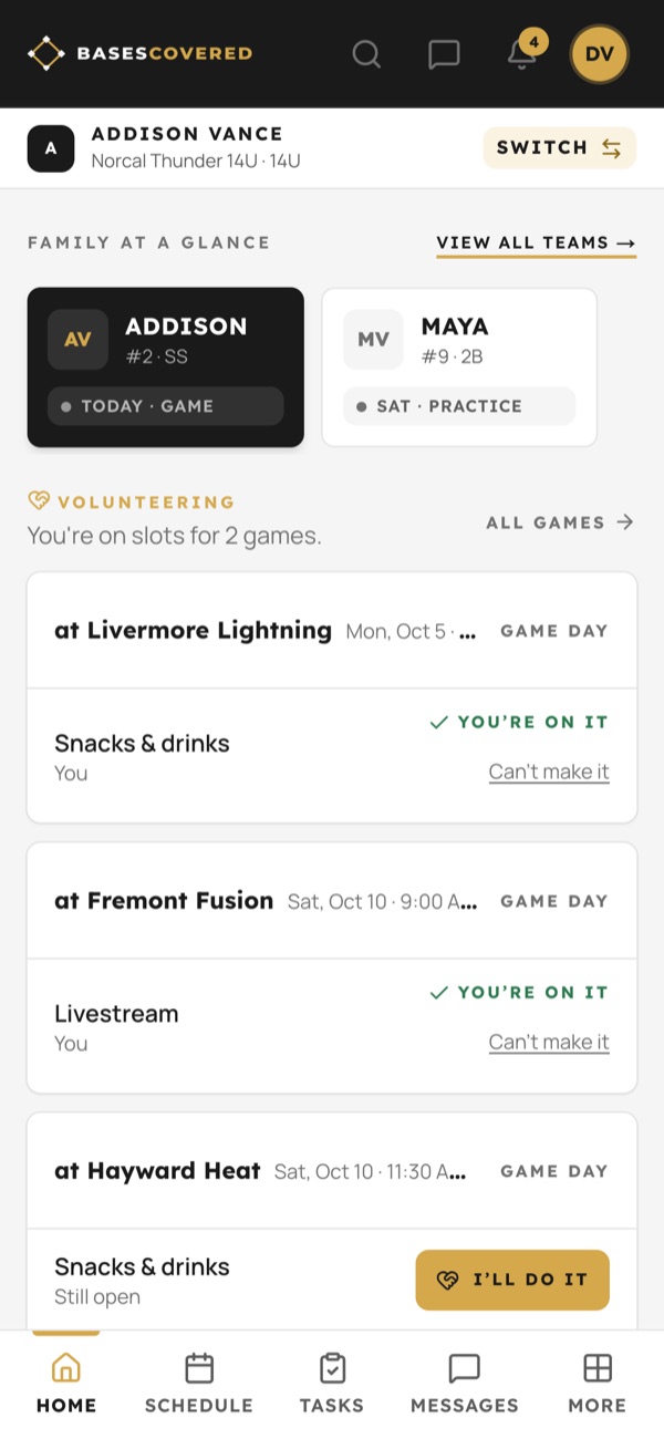 Family at a glance: two kids on two teams, and the volunteer slots you signed up for