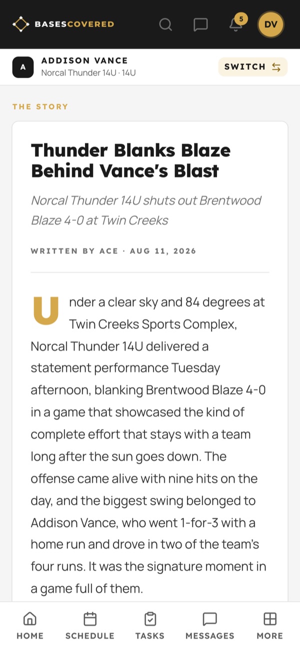 The game story, written by Ace: “Thunder Blanks Blaze Behind Vance’s Blast”